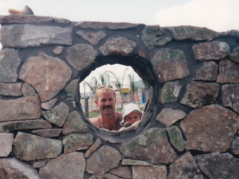 AJ and a young Sam Johnston at the hole in the wall, Town Basin, 1994
