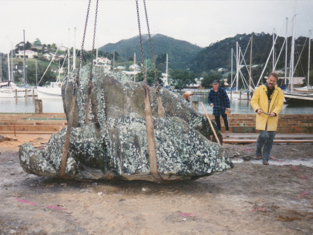 A boulder being craned into place at the Town Basin, 1994