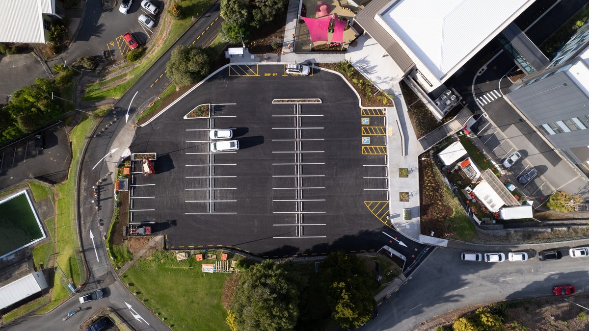 New carpark with line marking and accessible parks at the Tira Ora Child Health Centre, Whangārei Hospital