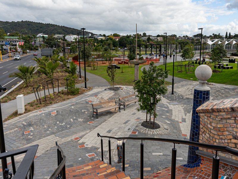 Patterned paving, benches and tree pits at the Hundertwasser Art Centre forecourt, Whangārei