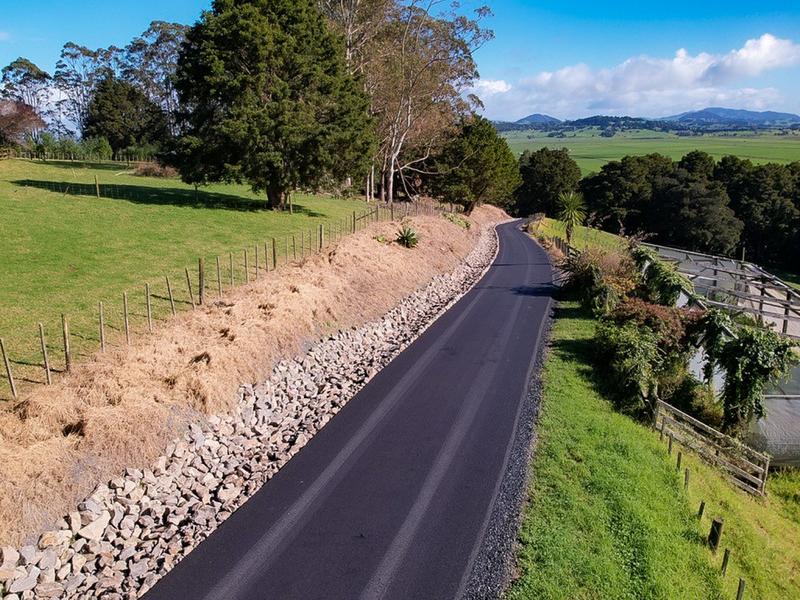 Hotmix driveway running along a rural Northland property, seen from above