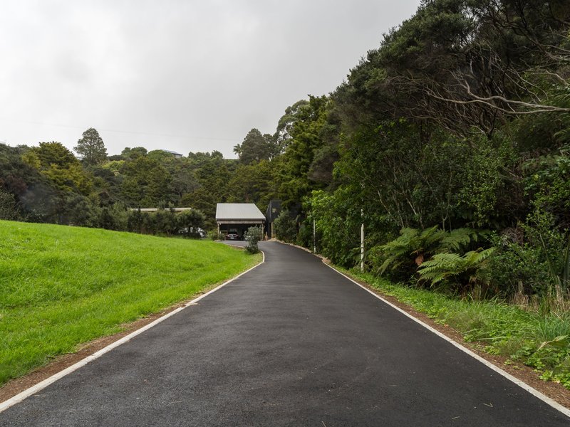 Hotmix driveway with white concrete edging through native bush