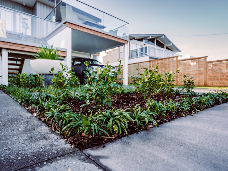 Garden planting with a feature planter beside a home