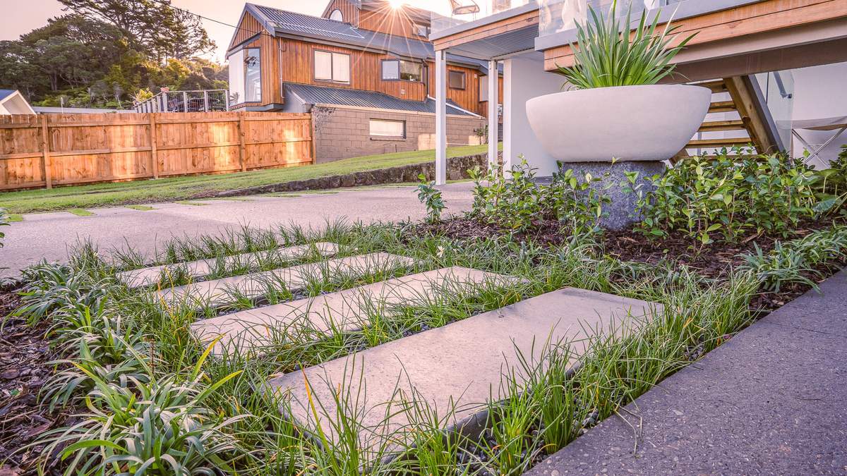 Concrete stepping stones set in low planting