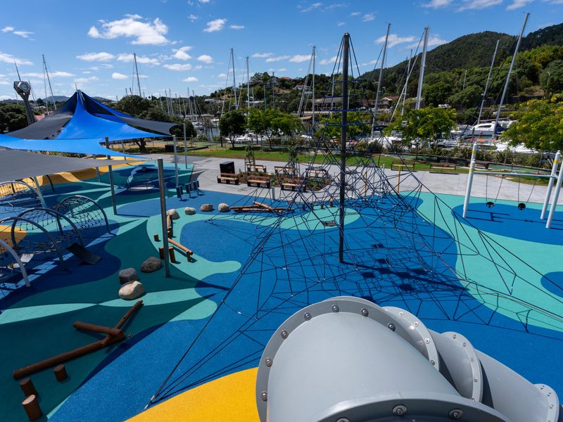 Climbing net and colourful safety surfacing at the Town Basin Playground, Whangārei