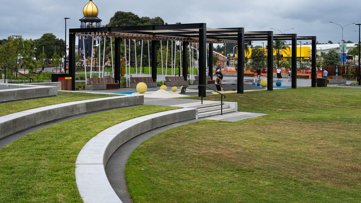 Amphitheatre lawn, paths and play pavilion at Pūtahi Park, Whangārei