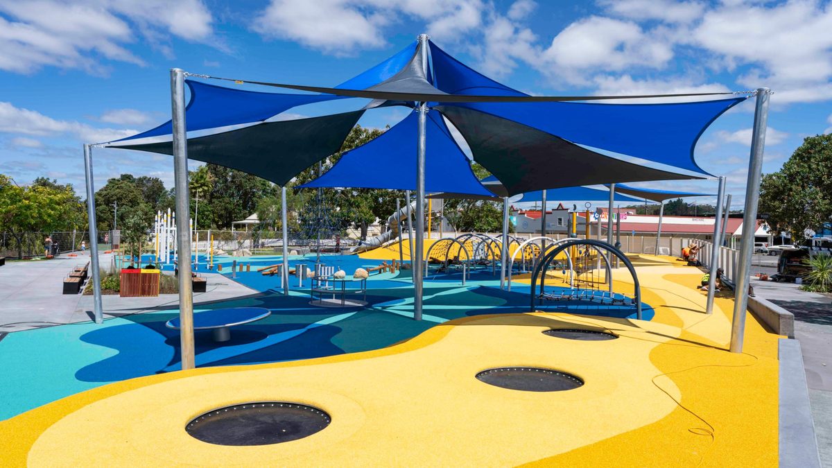 Shade sails, play equipment and in-ground trampolines at the Town Basin Playground, Whangārei