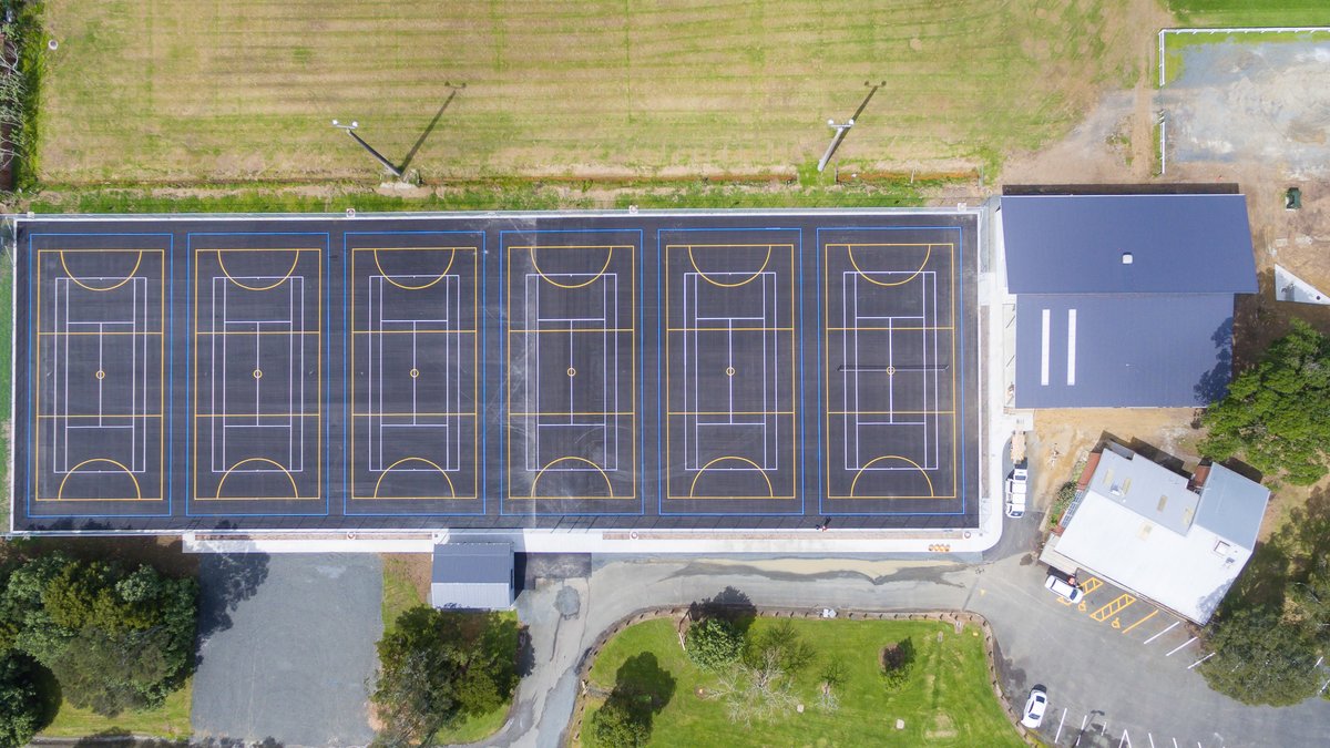 Aerial view of the six Sportsville Courts in Dargaville