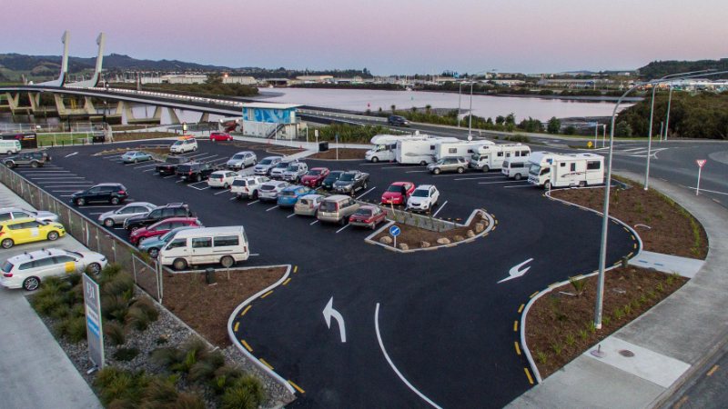New asphalt carpark with landscaped islands beside the Hātea River, Whangārei