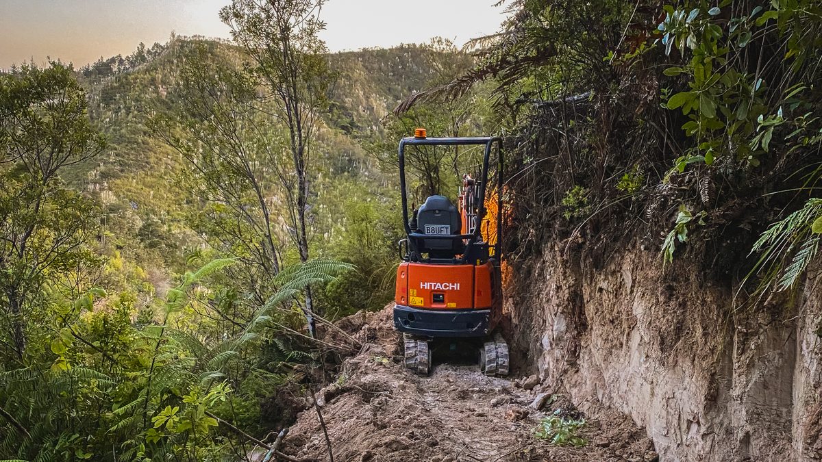 Mini excavator benching a mountain bike trail through native bush