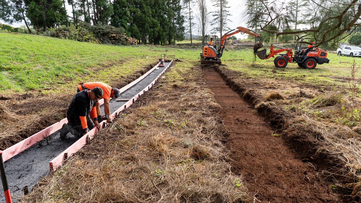 Crew boxing a new concrete path, with an excavator and loader behind